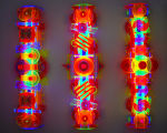 <b>Fluorescent Constructions I, II, III</b>, 2009<br>Fluorescent cast acrylic, electric fixtures, blacklight, 48x16x9 inches each<br>$5800