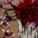 <b>Tulips and Roses</b>, 2012<br>Acrylic, ink, oil and watercolor pencil on rice paper on canvas, 18x18 inches<br>$1200