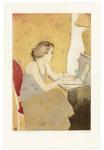 <b>Elizabeth at Her Laptop</b>, 2010<br>drypoint and aquatint on copper over woodcut, 22x15 inches unframed<br>$800