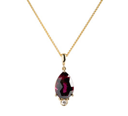 #2296 One 14kt yellow gold pendant, pear rhodolite garnet, diamond, one 16 inch 14kt gold chain
