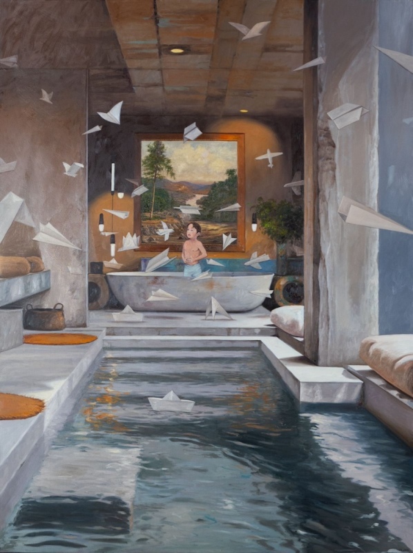 Niño en al Baño con Aviones de Papel