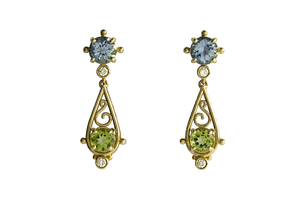 One pair 14kt yellow gold earrings, topaz, peridot, diamonds