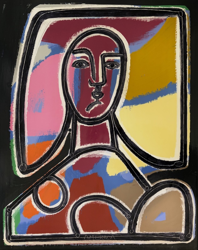 Painting of a Red and Yellow Marble Bust Sculpture