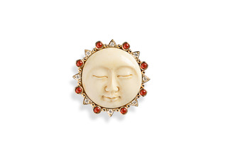 #2279 One 14kt yellow gold brooch, diamonds, garnet