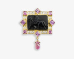 #2293 One 18kt yellow gold brooch, carved black onyx griffin, diamonds, pink sapphire