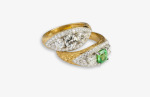  #2104 One 18kt yellow gold and platinum ring, green tsavorite garnet, diamonds, hand engraved