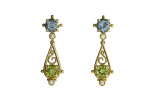 One pair 14kt yellow gold earrings, topaz, peridot, diamonds