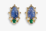 One pair 14kt yellow gold earrings, carved burma sapphire leaves, emerald, diamonds