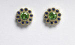 One pair 14kt yellow gold earrings, green tsavorite garnet, blue sapphires