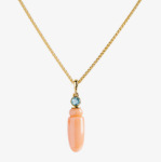 #2432  One 14kt yellow gold pendant, carved coral, blue topaz, one 16 inch 14kt gold chain