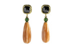 One pair 14kt yellow gold earrings, black diamond, imperial jade, carved fluted coral drops