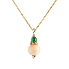 #2283  One 14kt yellow gold pendant pink coral, emerald, one 16 inch 14kt gold chain